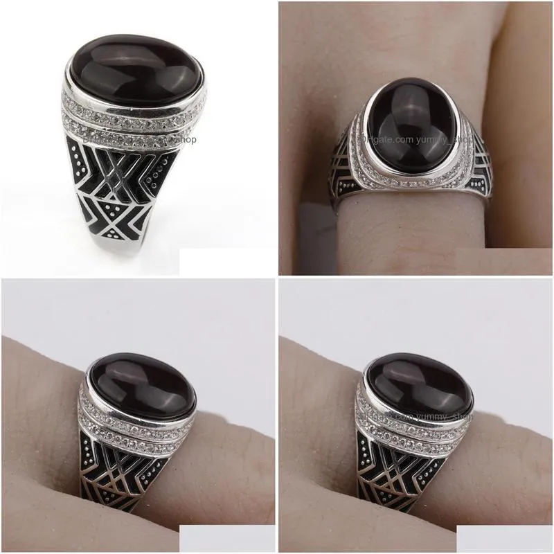 cluster rings 925 sterling silver men finger ring with dark brown agate stone punk big onxy clear cz fine wedding jewelry