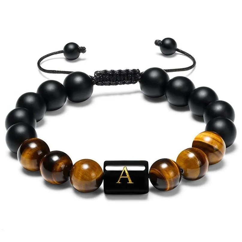 initials bracelets for men letter link handmade natural black onyx tiger eye stone beads braided rope meaningful bracelet