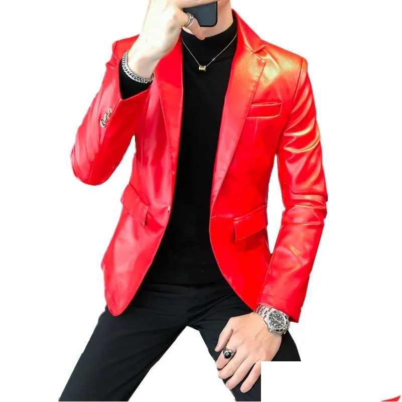 Men`s Fur & Faux 2021 Young Mens Casual Suit Black Red White Slim Fit Men Leather Jacket Pure Color PU Blazers Jackets For Man