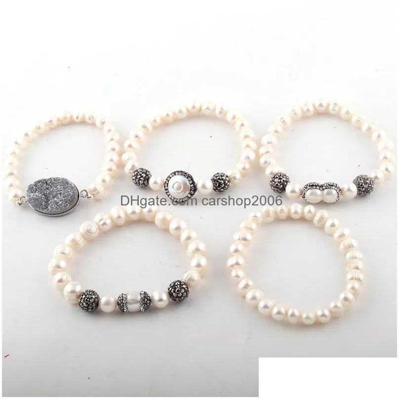 fashion beautiful 5pc set black/white bracelet set freshwater pearl strand bracelets handmake paved bracelets