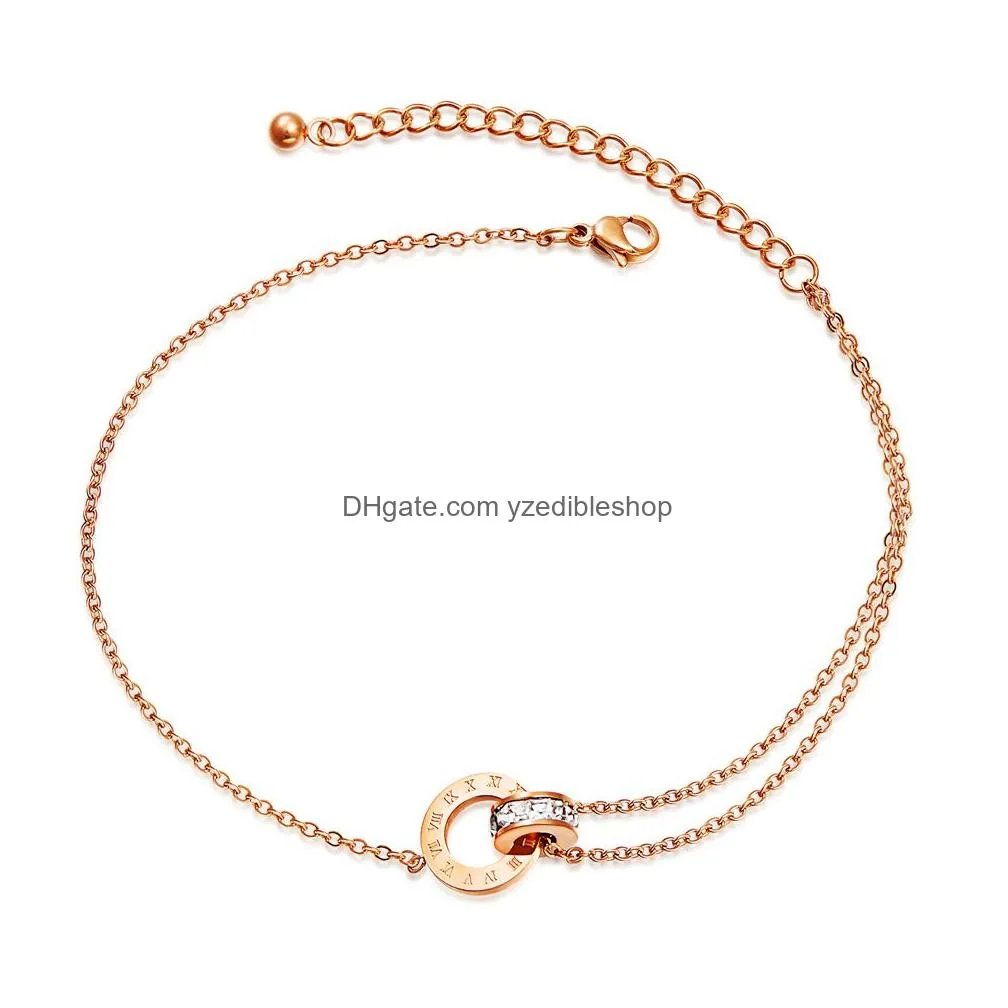 fashion double rings zircon anklets women designer rose gold roman number foot chain titanium steel jewelry gifts for female