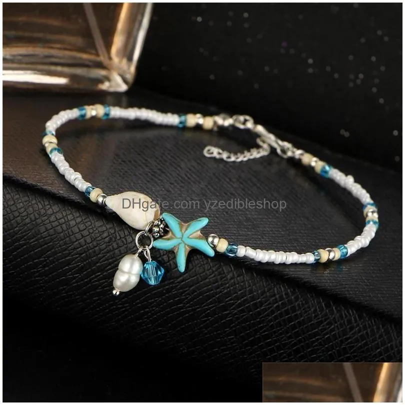 boho freshwater pearl charm anklets women barefoot sandals beads ankle bracelet summer beach starfish beaded ankle bracelets foot jewelry