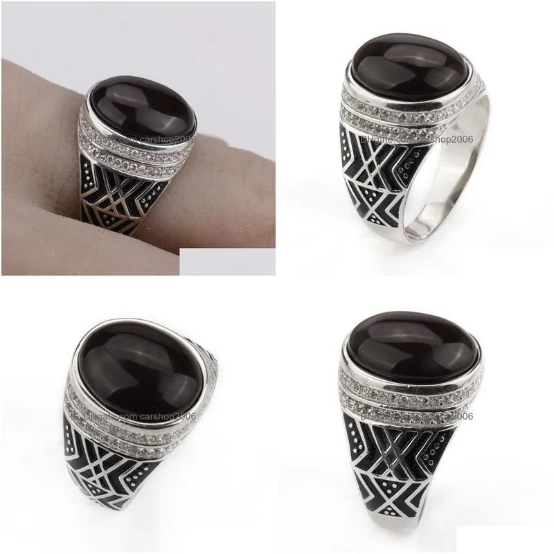 cluster rings 925 sterling silver men finger ring with dark brown agate stone punk big onxy clear cz fine wedding jewelry