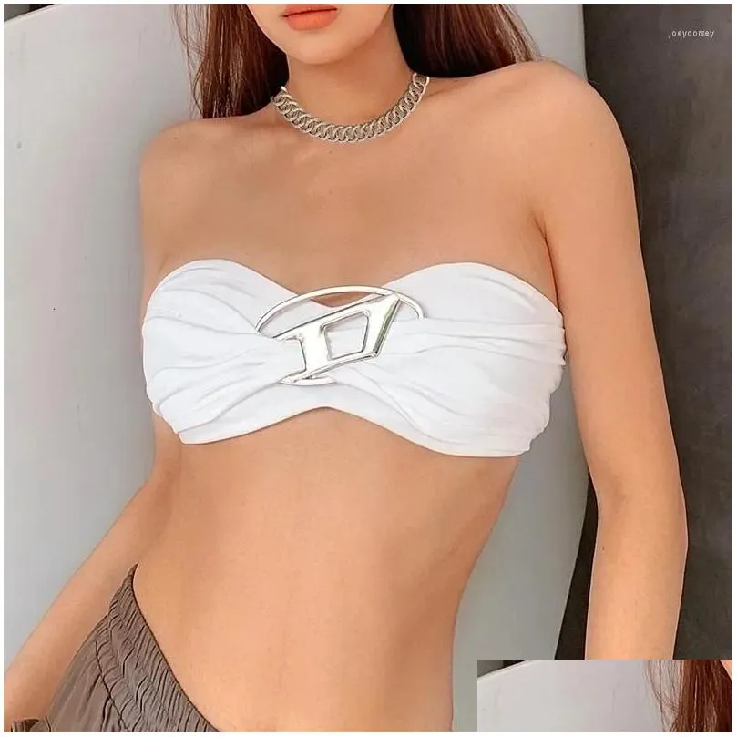 Women`s Tanks Fashion Metal Detail Sexy Strapless Tube Tops Elegant Outfits For Women Ruched Cropped Top Slim Club Party Tank