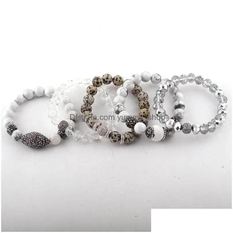 fashion beautiful 5pc set gray/white/black bracelet set natural stone glass crystal pave bracelets