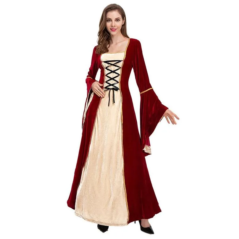 Elegant Theme Costume for Drama Stage European and American Retro Style Medieval Dress with Tie Waist and Luxurious Gold Diamond