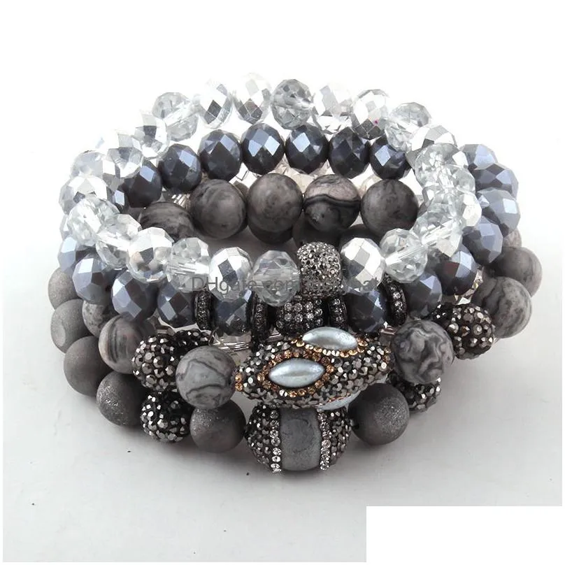 Beaded Fashion Beautif 5Pc Set Gray/White/Black Bracelet Natural Stone Glass Crystal Pave Bracelets Drop Delivery Jewelry Bracelets Dhnae