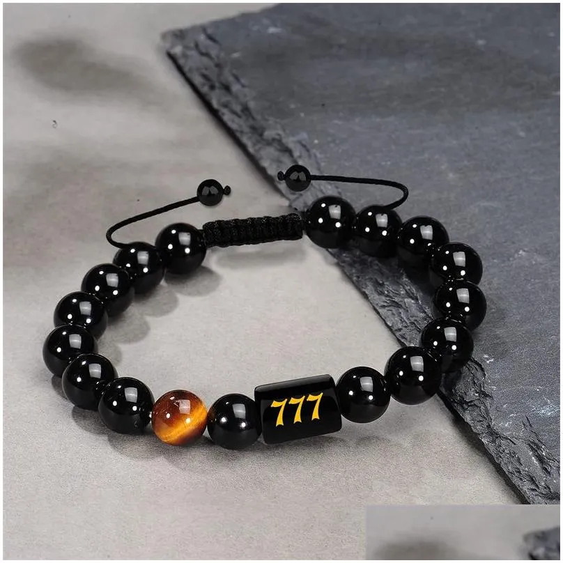 angel number bracelets for men link handmade natural black onyx tiger eye stone beads braided rope meaningful bracelet