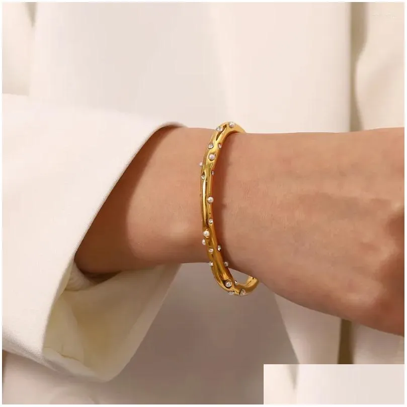 bangle 18k gold plated jewelry women stainless steel zircon pearl bracelets water drop earrings chunky rings set