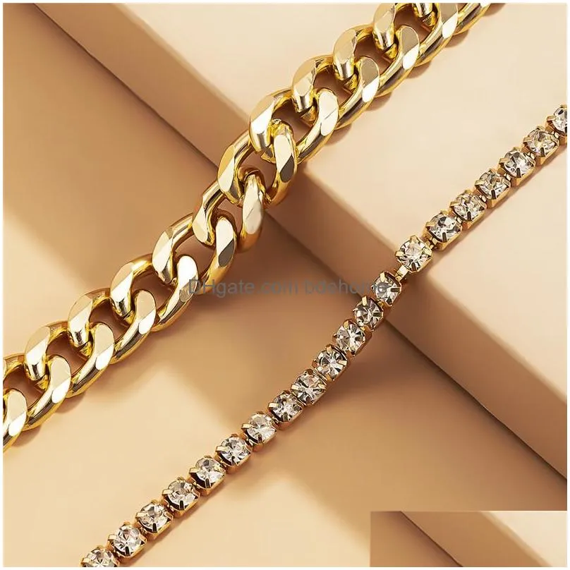 Anklets Anklets 2Pcs/Set Gold Sier Color Crystal Chain Adjustable Anklet Set For Women Girl Double Tassel Foot Chains Party Jewelry Dr Dhxug