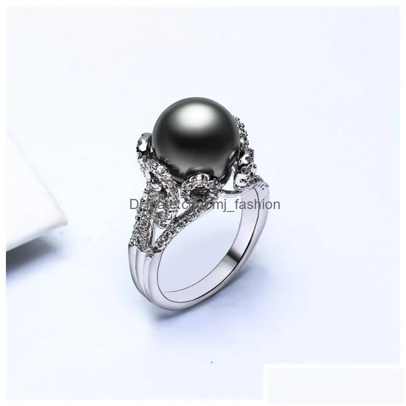Cluster Rings Cluster Rings Dreamcarnival1989 Brand Grey Big Synthetic Pearl With White Cubic Zirconia Flower Bague Luxury Party For W Dhbx7