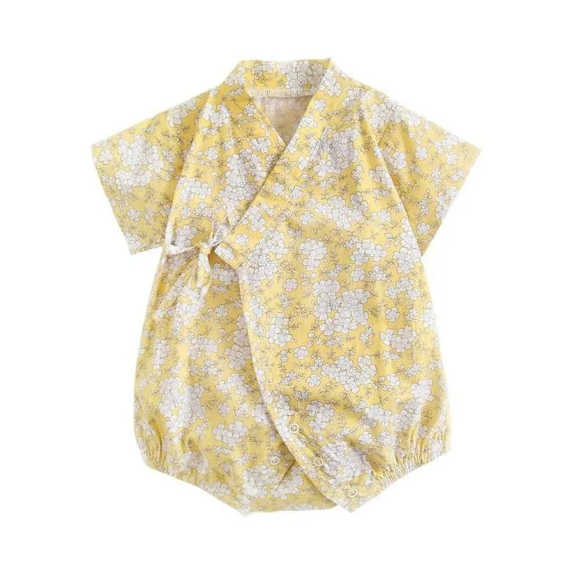 Rompers 0-3Years Baby Girl Boys Clothing Rompers Jumpsuit Short-Sleeved Floral Print Bathrobe Soft Cotton Kimono Newborn Sleepwear1 Dr Dhi7H