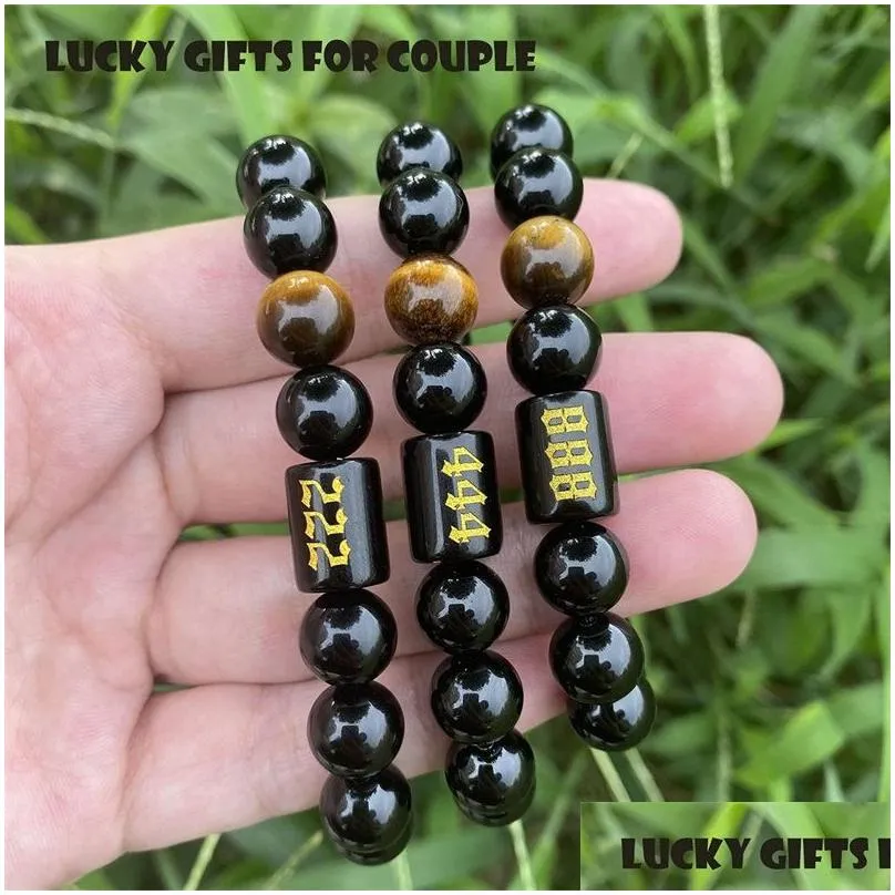 angel number bracelets for men link handmade natural black onyx tiger eye stone beads braided rope meaningful bracelet