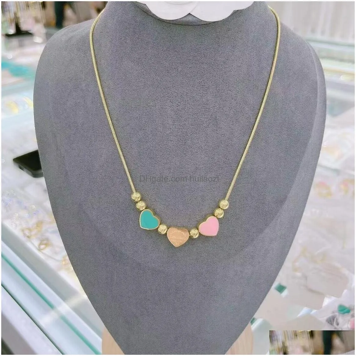 2024 lovely original designer women girl pink green tri heart necklace bracelet 750 stainless steel love 18k silver gold logo engrave jewelry set