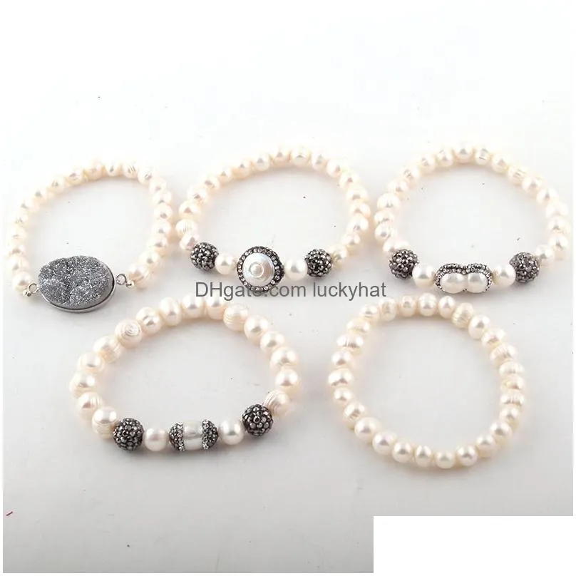 Beaded Fashion Beautif 5Pc Set Black/White Bracelet Freshwater Pearl Strand Bracelets Handmake Drop Delivery Jewelry Bracelets Dh1Wn