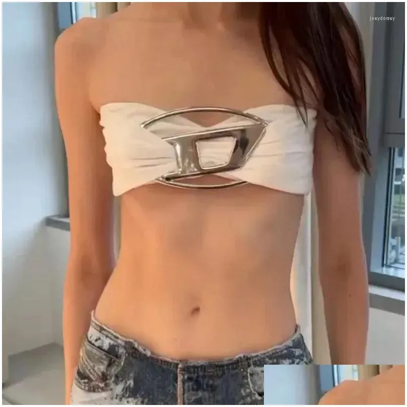 Women`s Tanks Fashion Metal Detail Sexy Strapless Tube Tops Elegant Outfits For Women Ruched Cropped Top Slim Club Party Tank