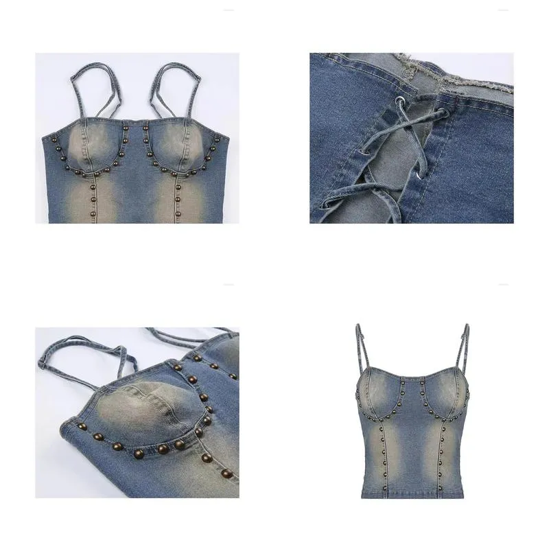 Women`s Tanks 2023 Summer Women Fashion Coquette Sexy Denim Camisole Design Tide Halter Crop Top 2000s Aesthetic Y2k Streetwear