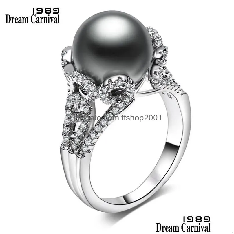 cluster rings dreamcarnival1989 brand grey big synthetic pearl with white cubic zirconia flower bague luxury party for women wa11564