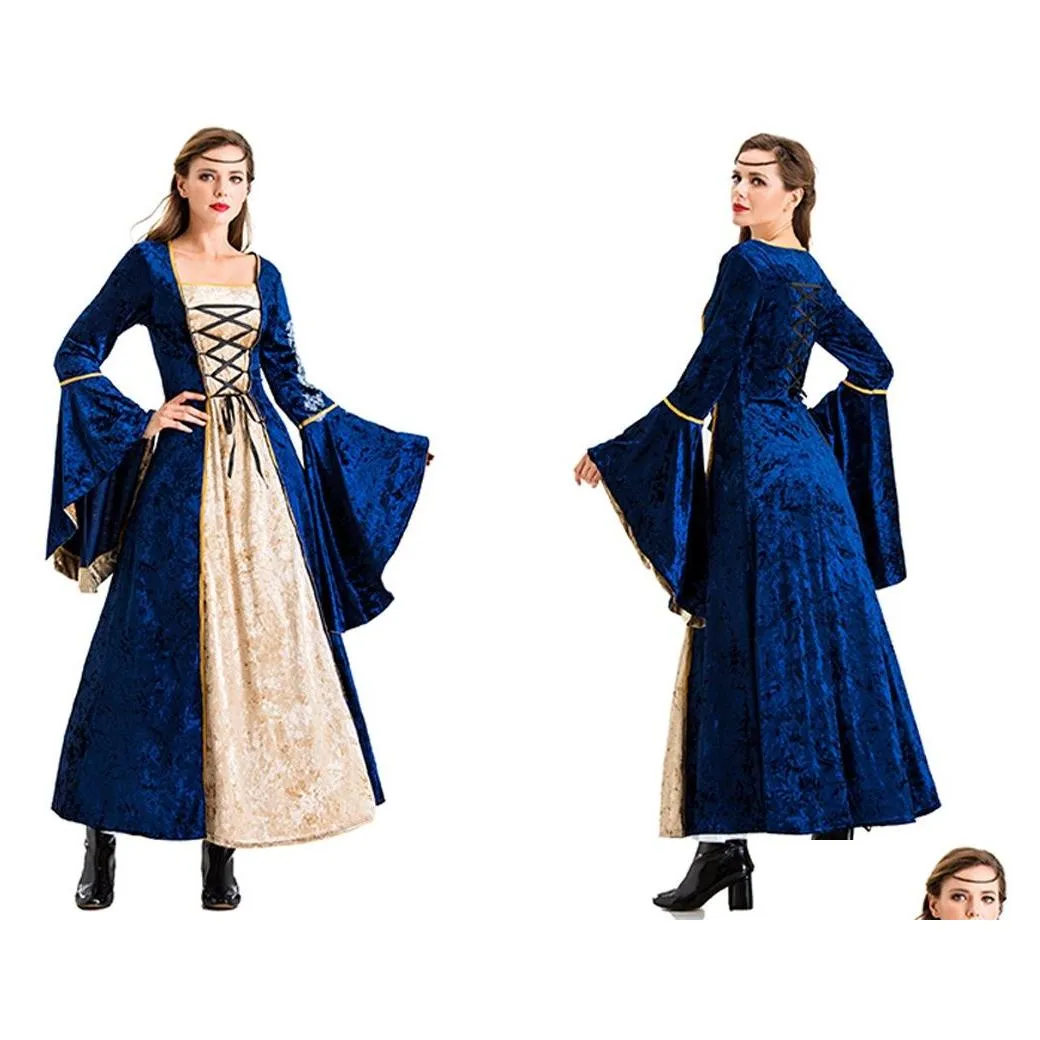 Elegant Theme Costume for Drama Stage European and American Retro Style Medieval Dress with Tie Waist and Luxurious Gold Diamond