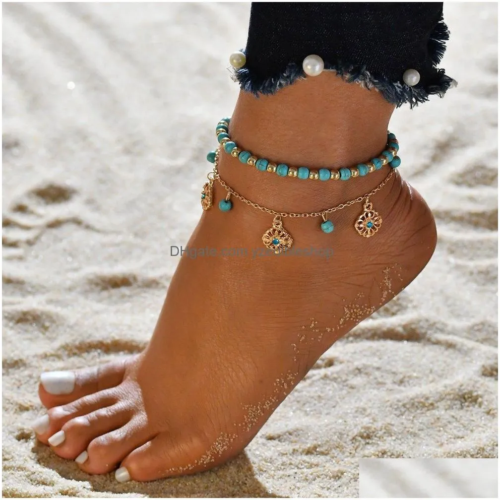 bohemian shell heart summer anklets set for women tortoise ankle bracelets girls barefoot on leg chain female jewelry gift