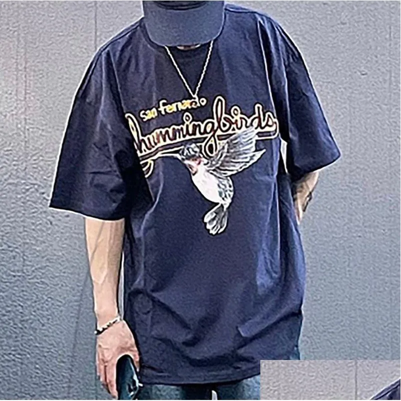  bird tee navy short sleeves casual oversized tshirts cotton t shirts men women hip hop streetwear mg220352