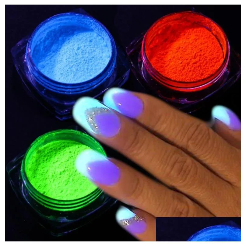 Nail Glitter Art Salon Health Beauty 1 Box Fluorescent Bk Glow In The Dark Powder Colorf Polish Chrome Dust Pigment Drop Delivery