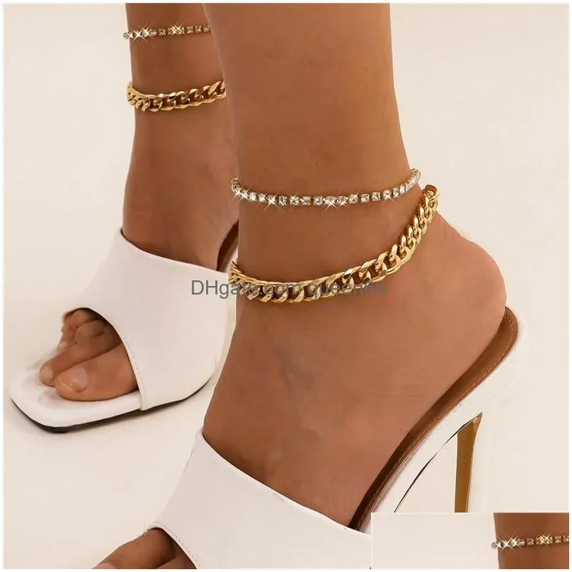 Anklets Anklets 2Pcs/Set Gold Sier Color Crystal Chain Adjustable Anklet Set For Women Girl Double Tassel Foot Chains Party Jewelry Dr Dhg6B