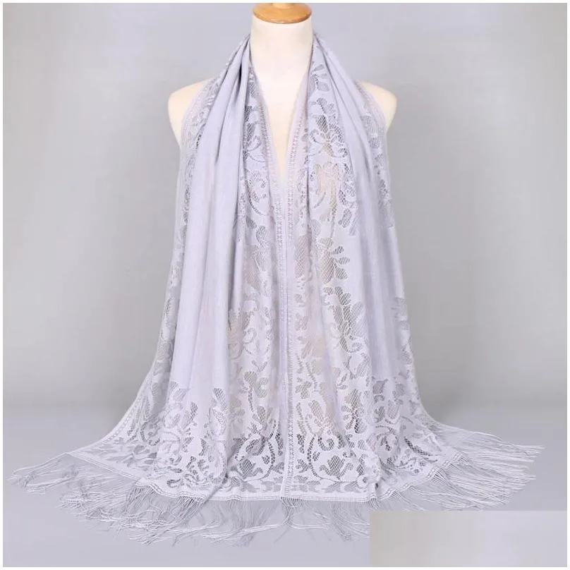 knitted headband Elegant Pure Color Scarves Tassel Shawl Female 170x65cm Hollow Lace Party Bride Bridesmaid Mesh Yarn Temperament Evening Scarf Q