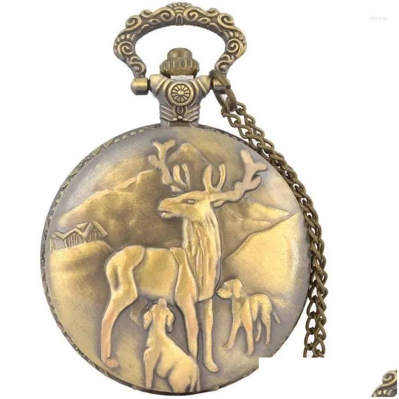 Pocket Watches Vintage Bronze Carving Quartz Watch For Men Engraved Hollow Bird Cage Case Fob Chain Clock Collection Gift Display