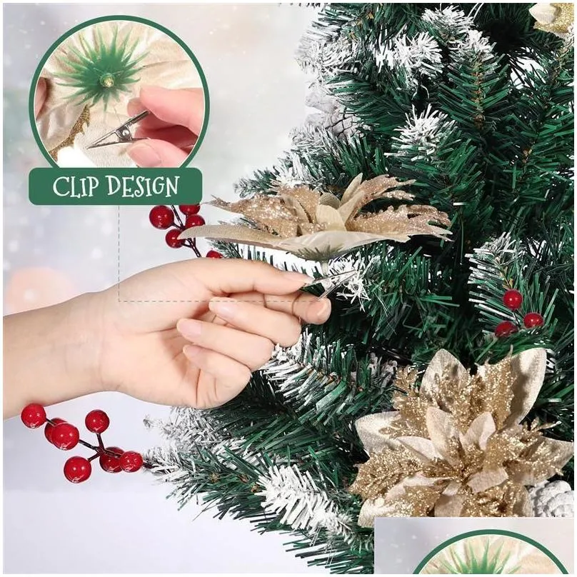 christmas decorations 12pcs glitter artificial poinsettia flowers tree ornaments xmas party decoration stems and clips 220912