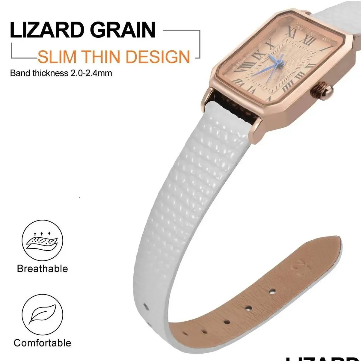 Watch Bands ANNEFIT Leather Watch Band for Women 12mm 14mm 16mm 18mm 20mm Lizard Grain Slim Thin Replacement Strap Stainless Steel Buckle