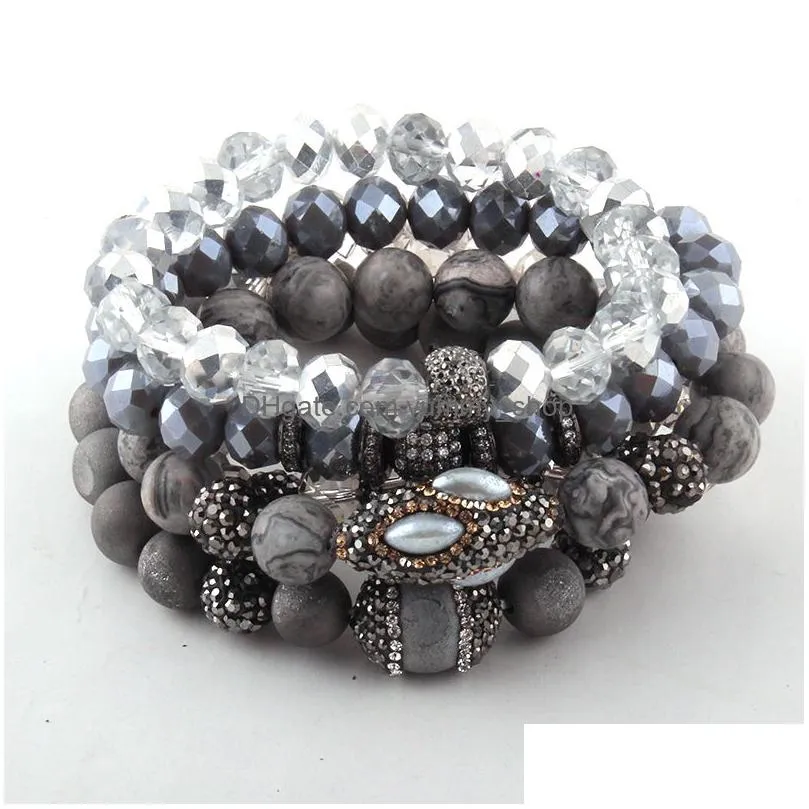 fashion beautiful 5pc set gray/white/black bracelet set natural stone glass crystal pave bracelets