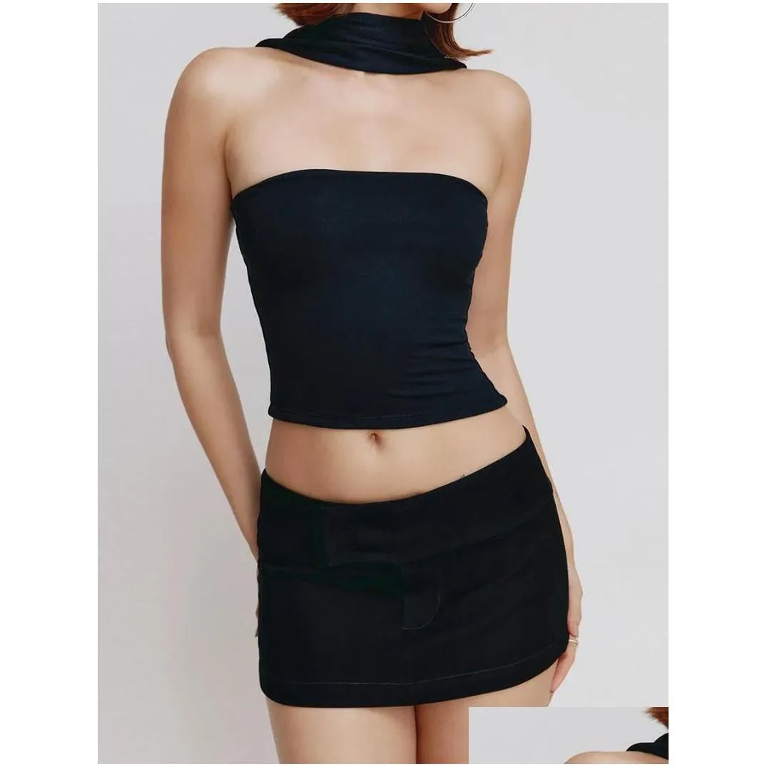 Women`s Tanks Women Sexy Strapless Halter Tube Tops Cutout Ruched Y2k Top Sleeveless Off Shoulder Bandeau Streetwear