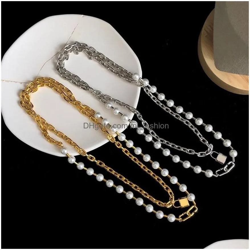 Pendant Necklaces Titanium With 18K Gold Faux Pearl Layered Lock Statement Neckalce Stainls Steel Jewelry T Show Party Runway Boho Jap Dhnpo