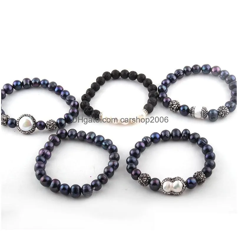 fashion beautiful 5pc set black/white bracelet set freshwater pearl strand bracelets handmake paved bracelets