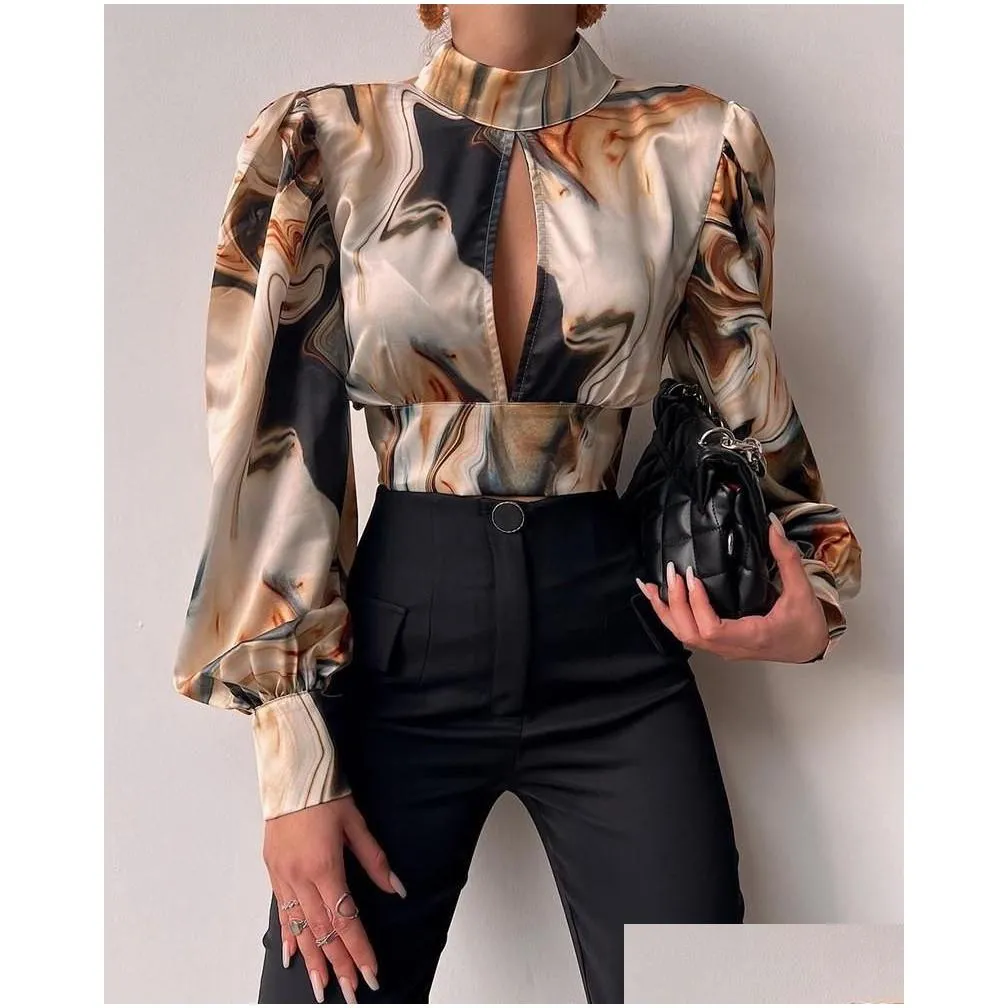 Women`s Blouses & Shirts 2022 Elegant Womens Blouse Casual Baroque Print Puff Lantern Sleeve Backless Top Long Party Wear Femme