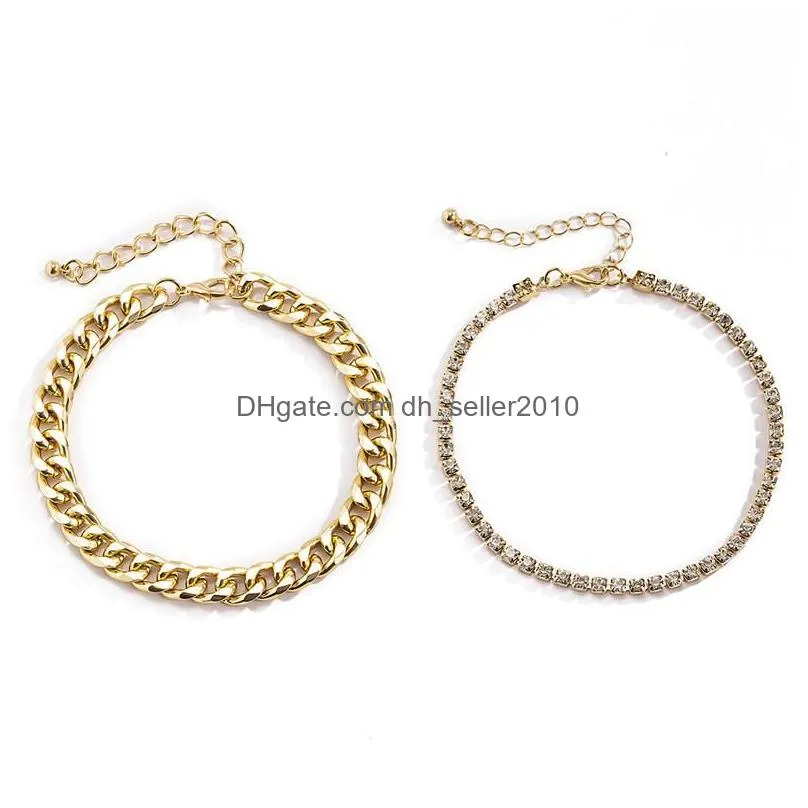 Anklets Anklets 2Pcs/Set Gold Sier Color Crystal Chain Adjustable Anklet Set For Women Girl Double Tassel Foot Chains Party Jewelry Dr Dhqtu