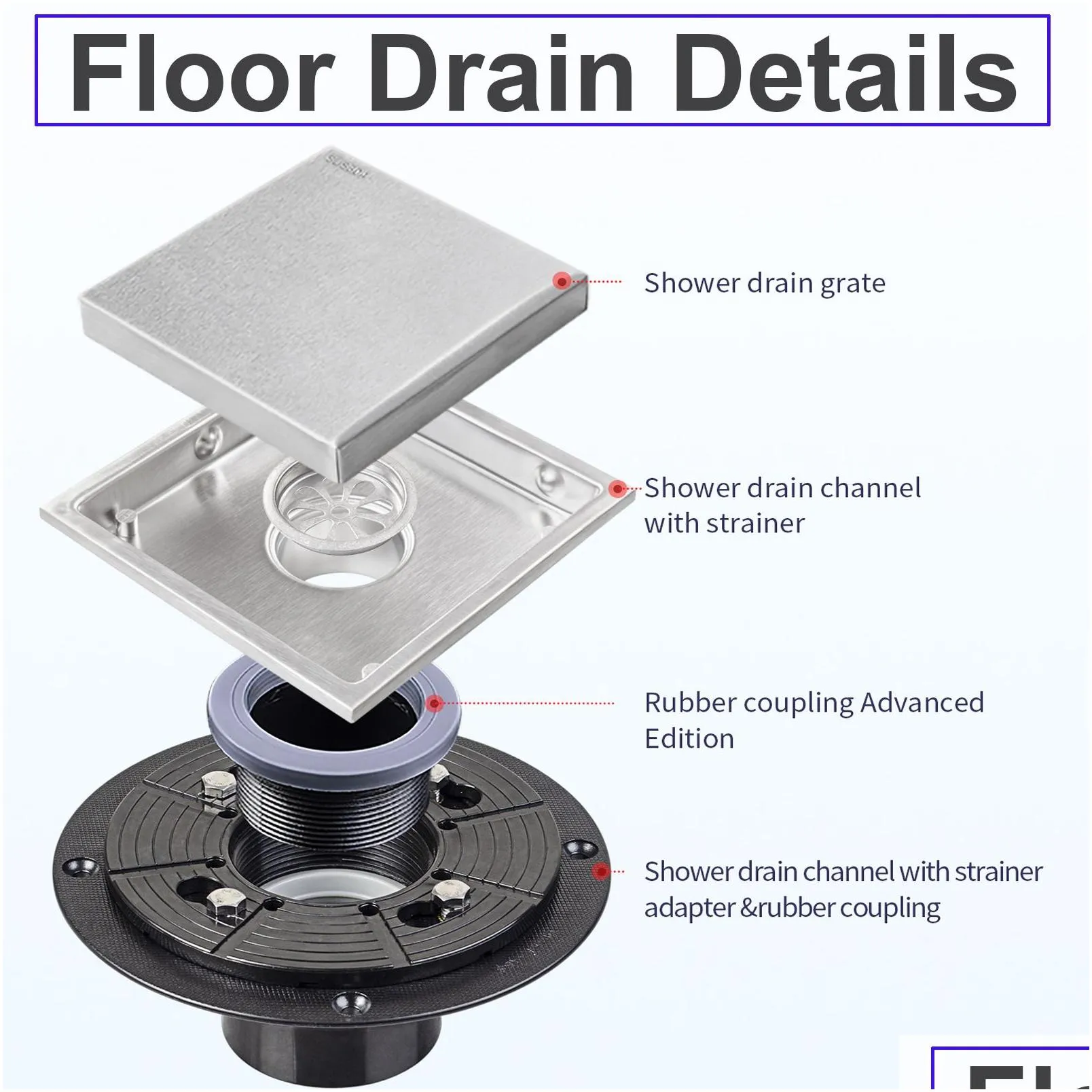 Shower Square Floor Drain, 304 Stainless Steel with Flange Reversible 2 in 1 Cover Tile Insert Grate Removable Hair Catcher, Odor Proof Floor Drain for Kitchen,