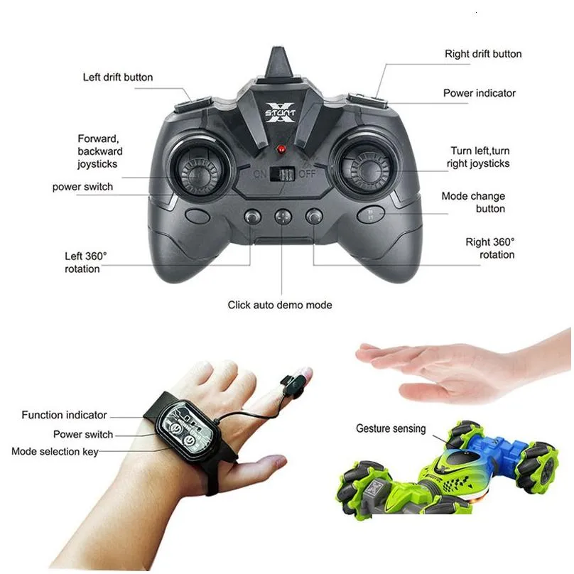 RC Robot 2023 est 4WD Stunt Car 24G Radio Remote Control Watch Gesture Sensor Rotation Gift Electronic Toy for Kids Boy 230325