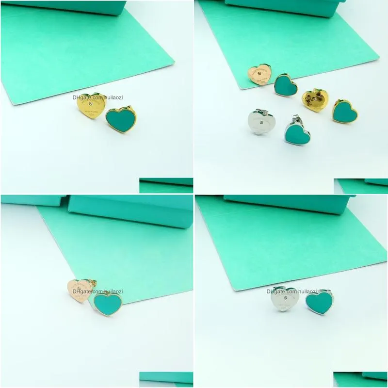 Stud Luxury Latest Designer Branded Tf Green Heart 316L Stainless Steel 18K Gold Women Letter Logo Engrave Love Diamond Earrings Gir Dhcxj
