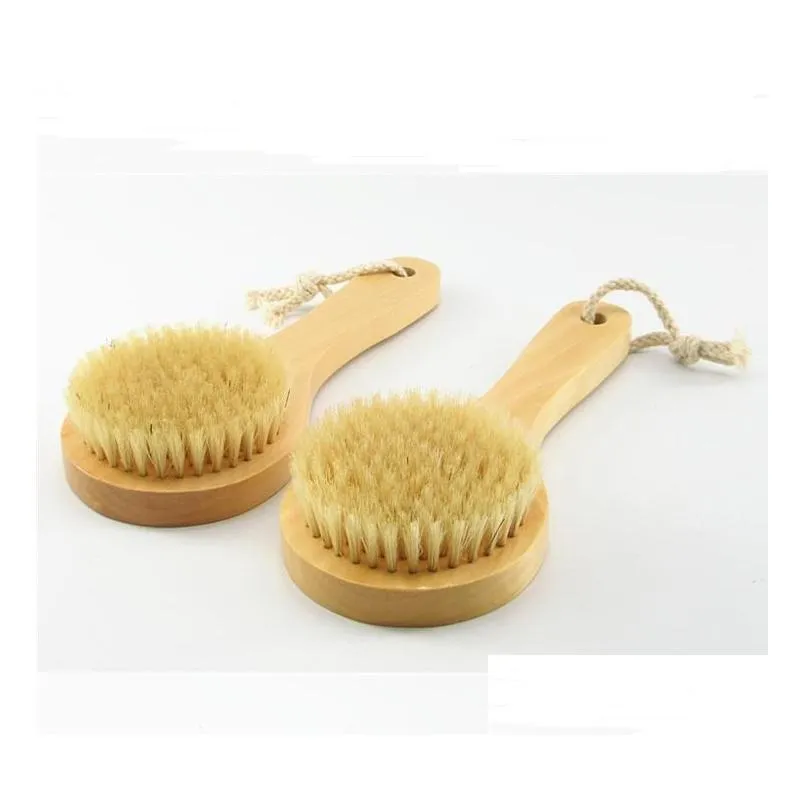 Dry Skin Body Brush with Short Wooden Handle Boar Bristles Shower Scrubber Exfoliating Massager SN4189