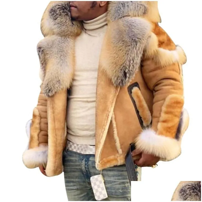 Laamei Faux Fur Coat Men Plus Size Winter Jacket Fur Collar Long Sleeves Liner Casual Zipper Mens Jackets and Coats