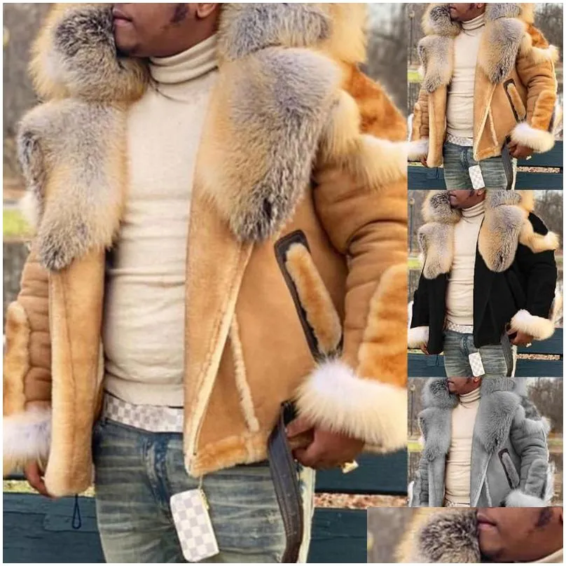 Laamei Faux Fur Coat Men Plus Size Winter Jacket Fur Collar Long Sleeves Liner Casual Zipper Mens Jackets and Coats