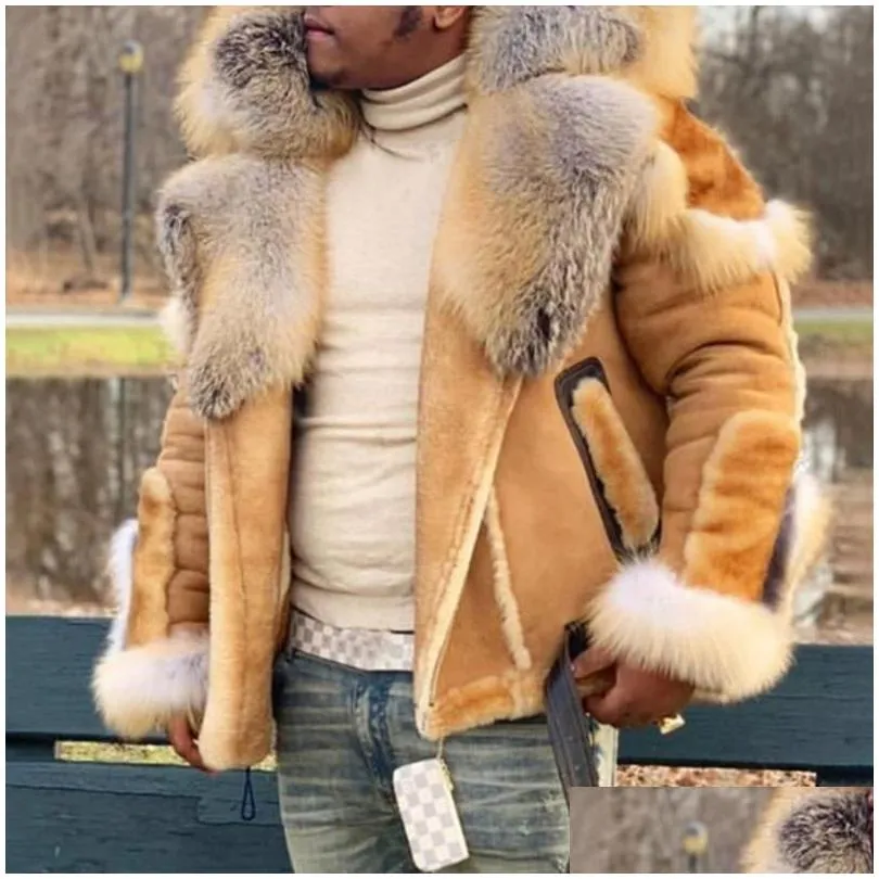 Laamei Faux Fur Coat Men Plus Size Winter Jacket Fur Collar Long Sleeves Liner Casual Zipper Mens Jackets and Coats