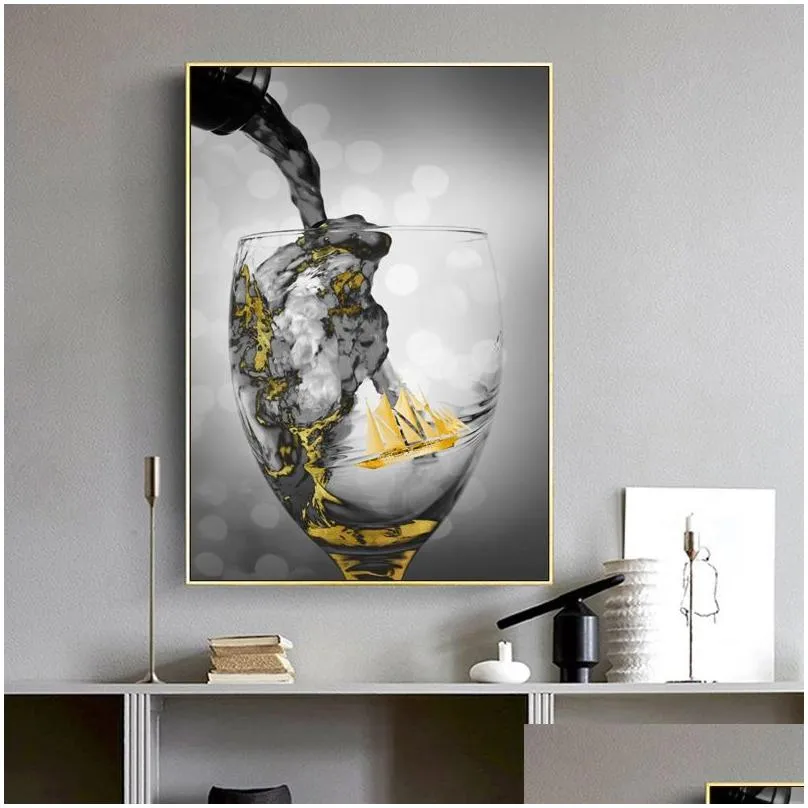 Paintings Wine Glass Cups Poster Golden Canvas Painting Abstract Boat Cuadros Wall Art Pictures For Living Room Modern Home Decor No Dhq1V