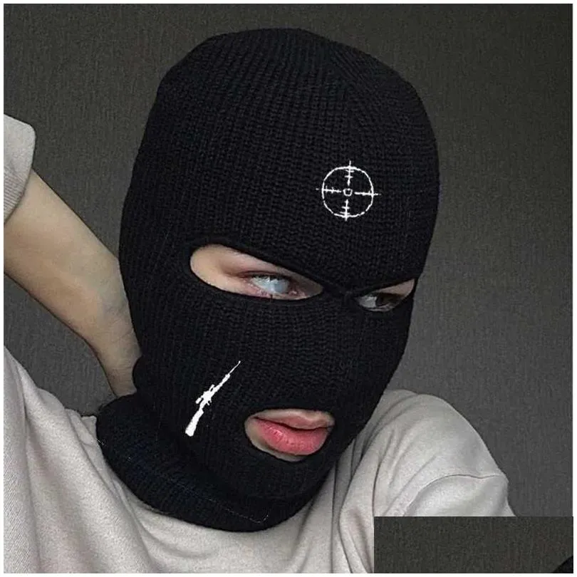 Cycling Caps Masks Ball Caps Embroidery Gun Pistol Balaclava Ski Face Mask Full Face Cover Ski Mask Double Thermal Knitted Hat for Winter Outdoor Sports Men