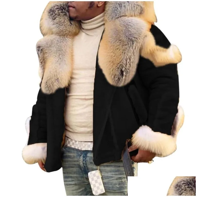 Laamei Faux Fur Coat Men Plus Size Winter Jacket Fur Collar Long Sleeves Liner Casual Zipper Mens Jackets and Coats