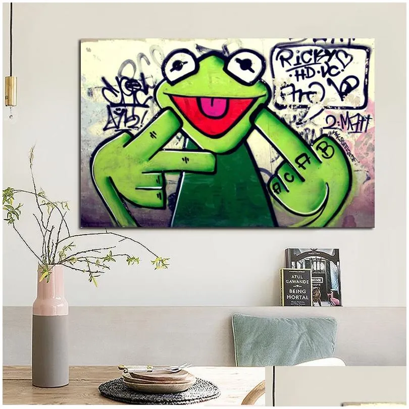 Paintings Canvas Painting Street Iti Art Frog Kermit Finger Poster Print Animal Oil Wall Pictures For Living Room Unframed Drop Deli Dhfy0