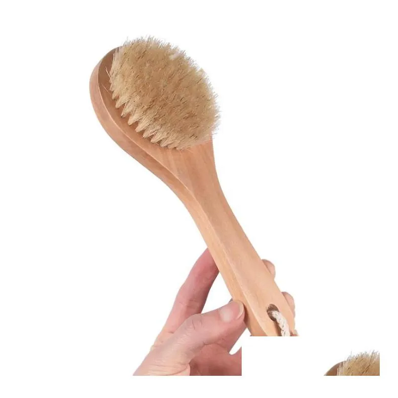 Dry Skin Body Brush with Short Wooden Handle Boar Bristles Shower Scrubber Exfoliating Massager SN4189