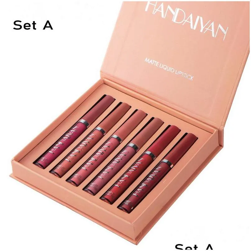 Lip Gloss Handaiyan Liquid Matte Lipstick Long Last Lip Gloss Set Mett Long-Lasting Non-Stick Cup Natural Makeup Lipgloss Kit Drop Del Dhnra